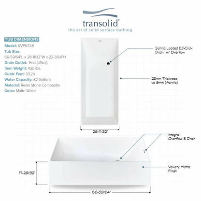 Transolid Portia 66-In X 28-In Resin Stone Freestanding Bathtub with End Drain in White SVP6728-00