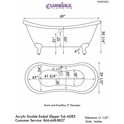 Cambridge Plumbing 69 Inch Hand Painted Scorched Platinum Acrylic Double Slipper Bathtub with Polished Chrome Feet, No Faucet Holes ADES-NH-CP-SP