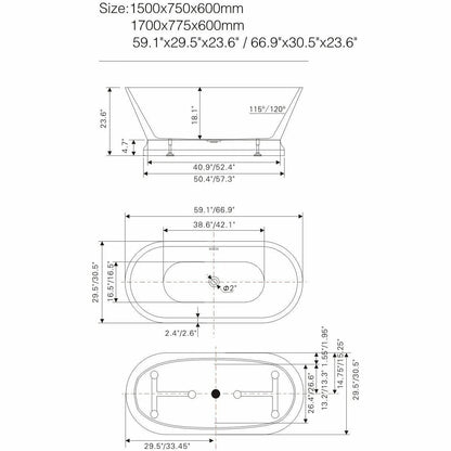 Vanity Art 59 Inch Freestanding Acrylic Bathtub VA6610