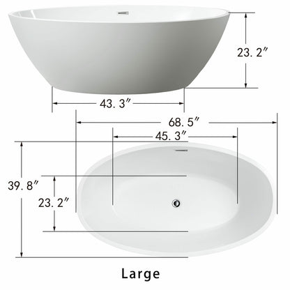 Vanity Art 69 Inch Freestanding White Acrylic Bathtub VA6834