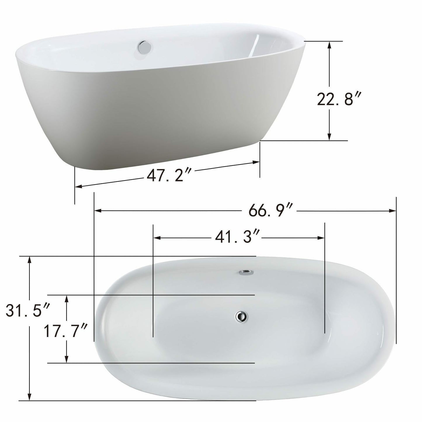 Vanity Art 67 Inch Freestanding Soaking Acrylic Bathtub VA6833